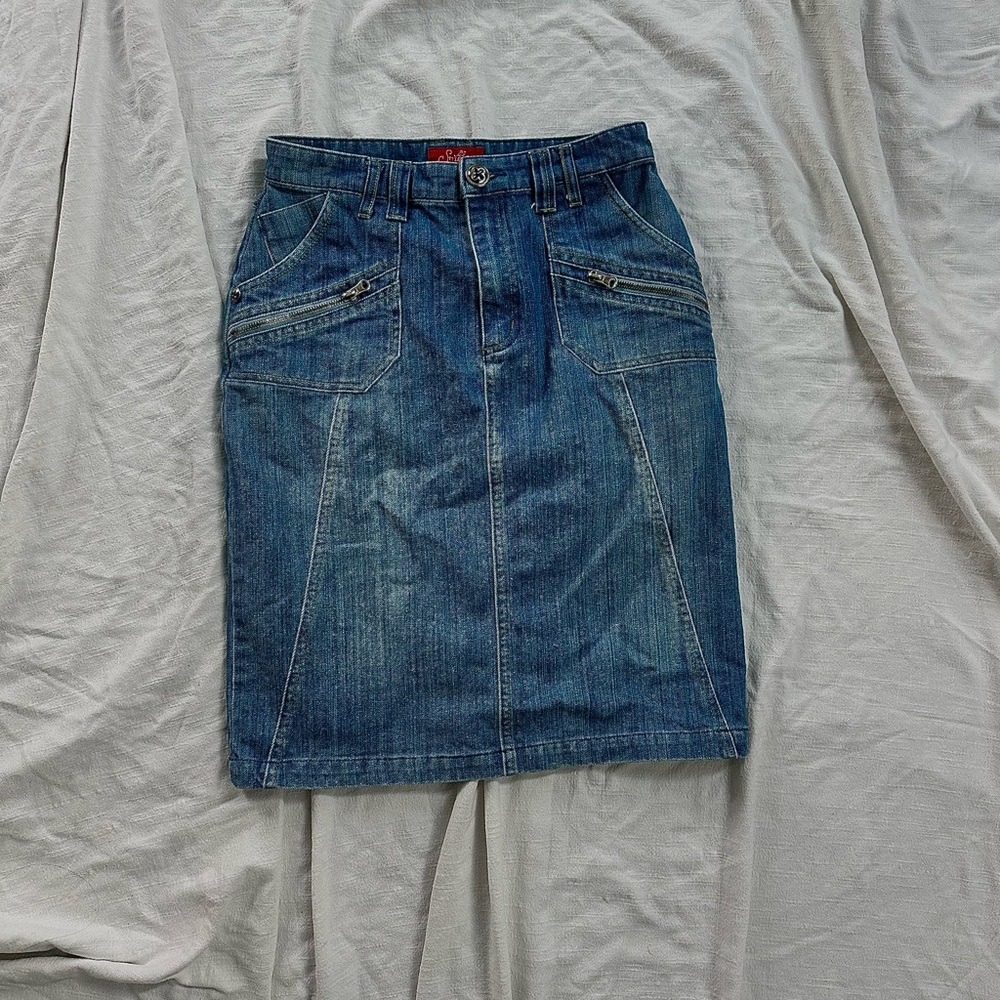 Vintage y2k Style J Denim Knee Length Skirt Back Slit Size 28